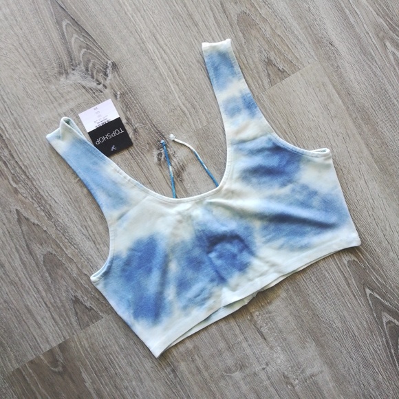 TOPSHOP Tie Dye Blue Cloud Lace Up Crop Top / Bralette Stetchy - Picture 6 of 6